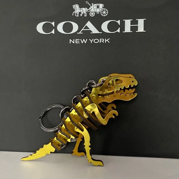 Coach Gold Metallic Rexy Dinosaur Puzzle Fob Small Bag Charm Keychain NWOT Leath - Picture 7 of 11